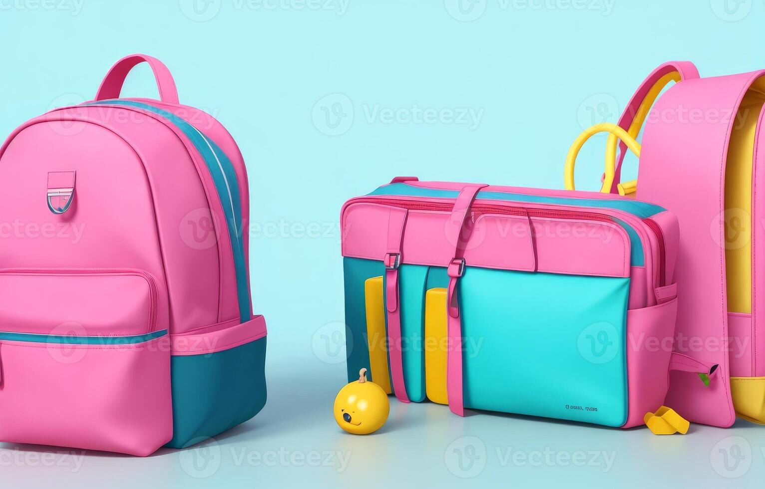 School accessories with school bag with copy space. Ready for school concept. 3D Rendering, 3D Illustration. ai generated photo