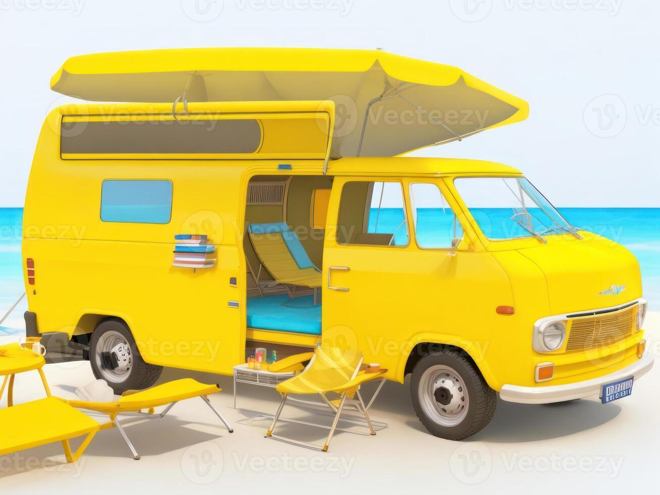 Ready for summer travel. Yellow van with deck chair and beach accessory, 3D Rendering, 3D Illustration. ai generated photo