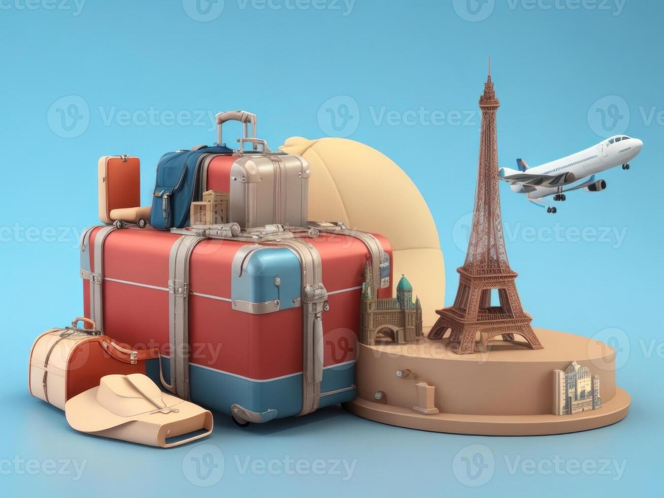suitcase full of landmarks and travel accessory on 3D Rendering, 3D Illustration. ai generated photo