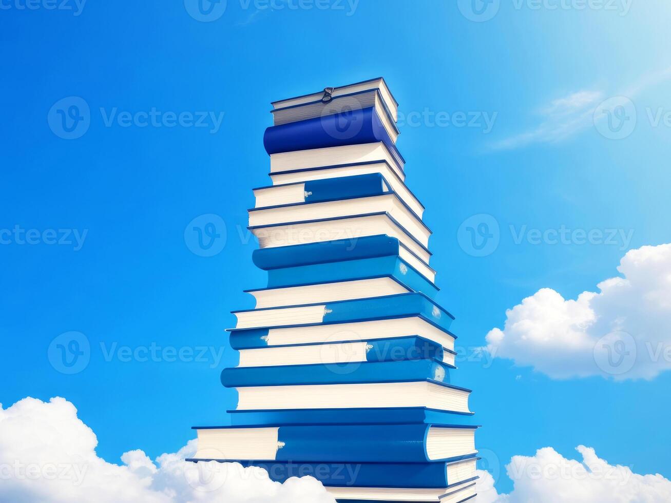 Abstract book stack with on sky with clouds background. going on a huge stack of books. ai generated photo