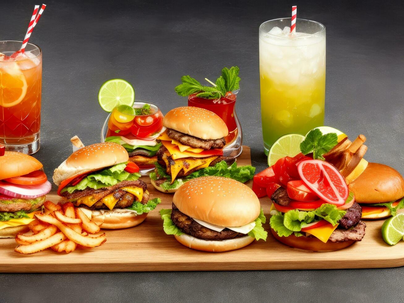 Group of fresh summer cocktails and burger at wooden board isolated at black background. ai generated photo
