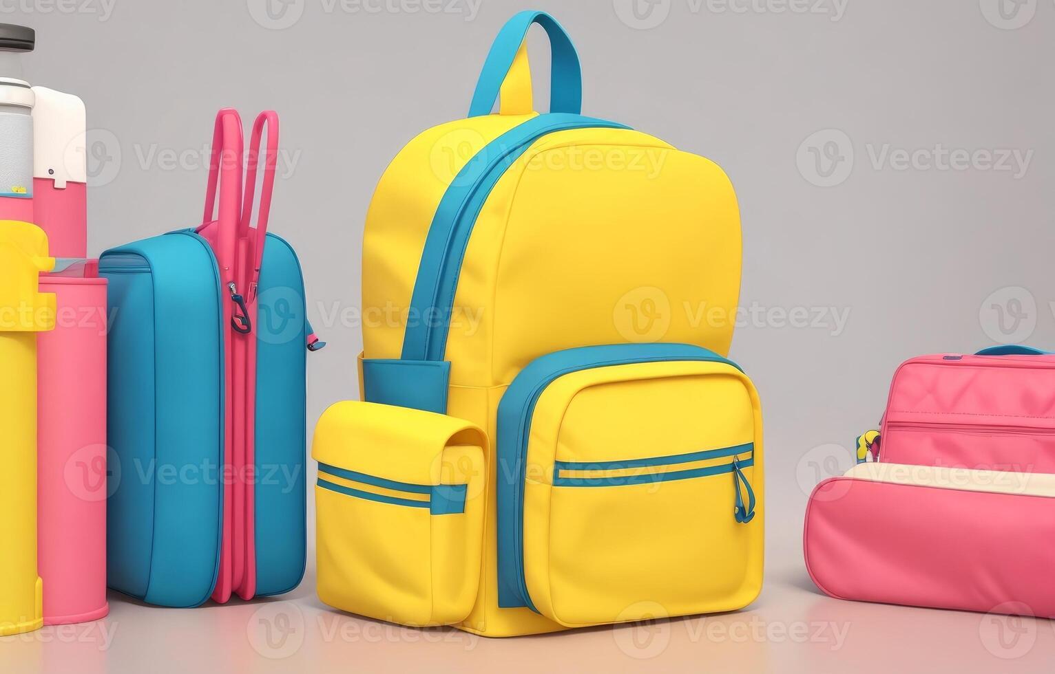 School accessories with school bag with copy space. Ready for school concept. 3D Rendering, 3D Illustration. ai generated photo