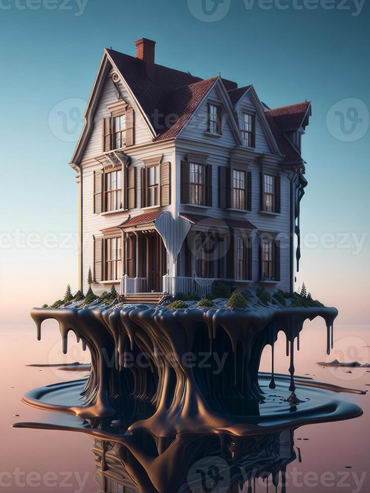Realistic house with a melting effect. ai generated photo