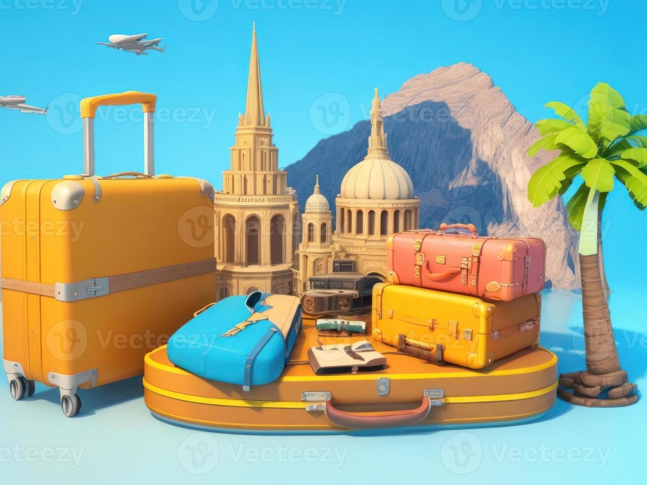 suitcase full of landmarks and travel accessory on 3D Rendering, 3D Illustration. ai generated photo