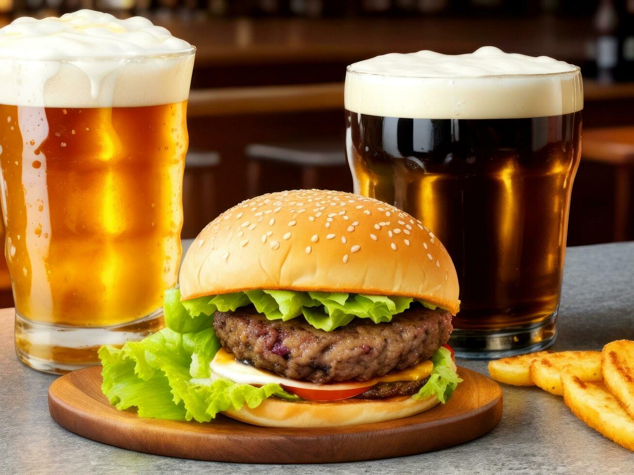 hamburguesa con cerveza en el mesa en un bar pub. ai generado foto