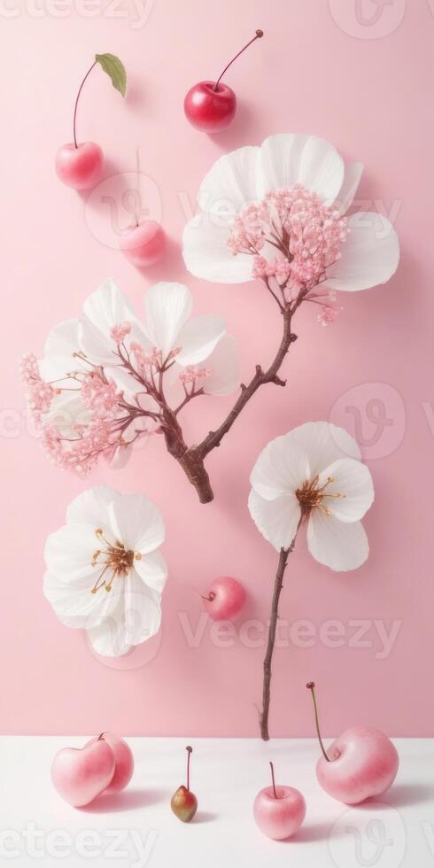 In the middle of the photo, pink cherry. ai generated photo
