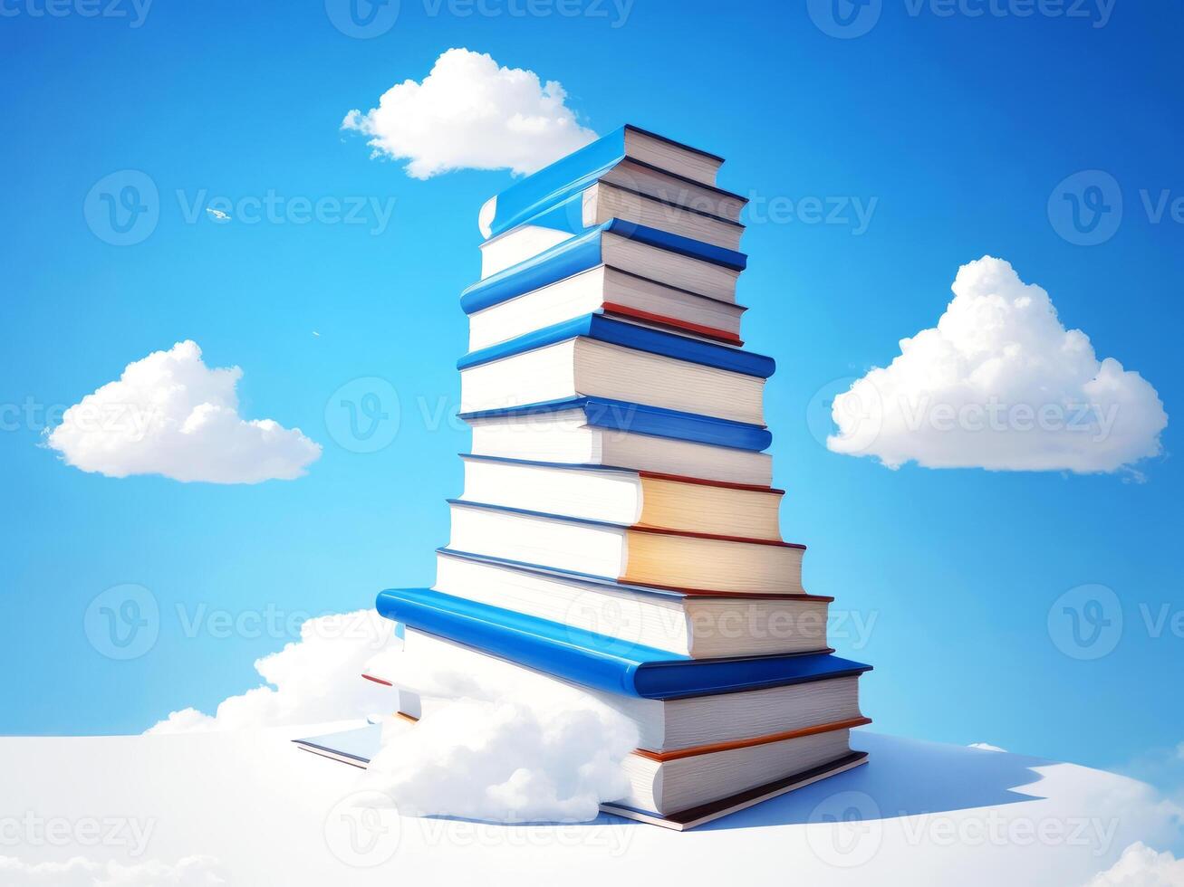 Abstract book stack with on sky with clouds background. going on a huge stack of books. ai generated photo