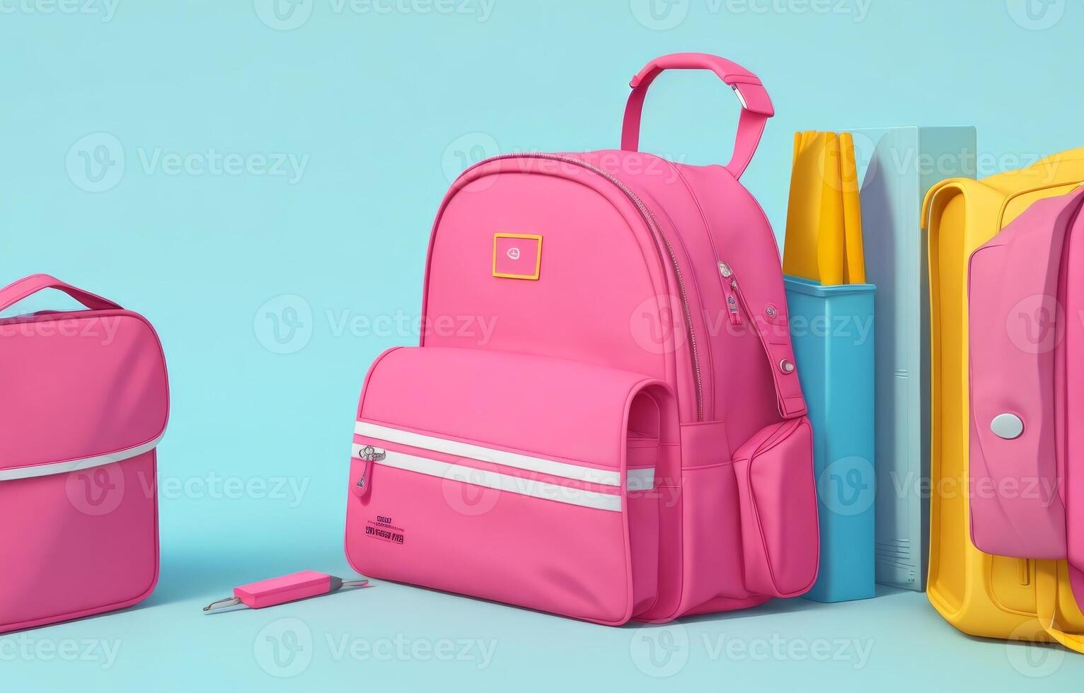 School accessories with school bag with copy space. Ready for school concept. 3D Rendering, 3D Illustration. ai generated photo