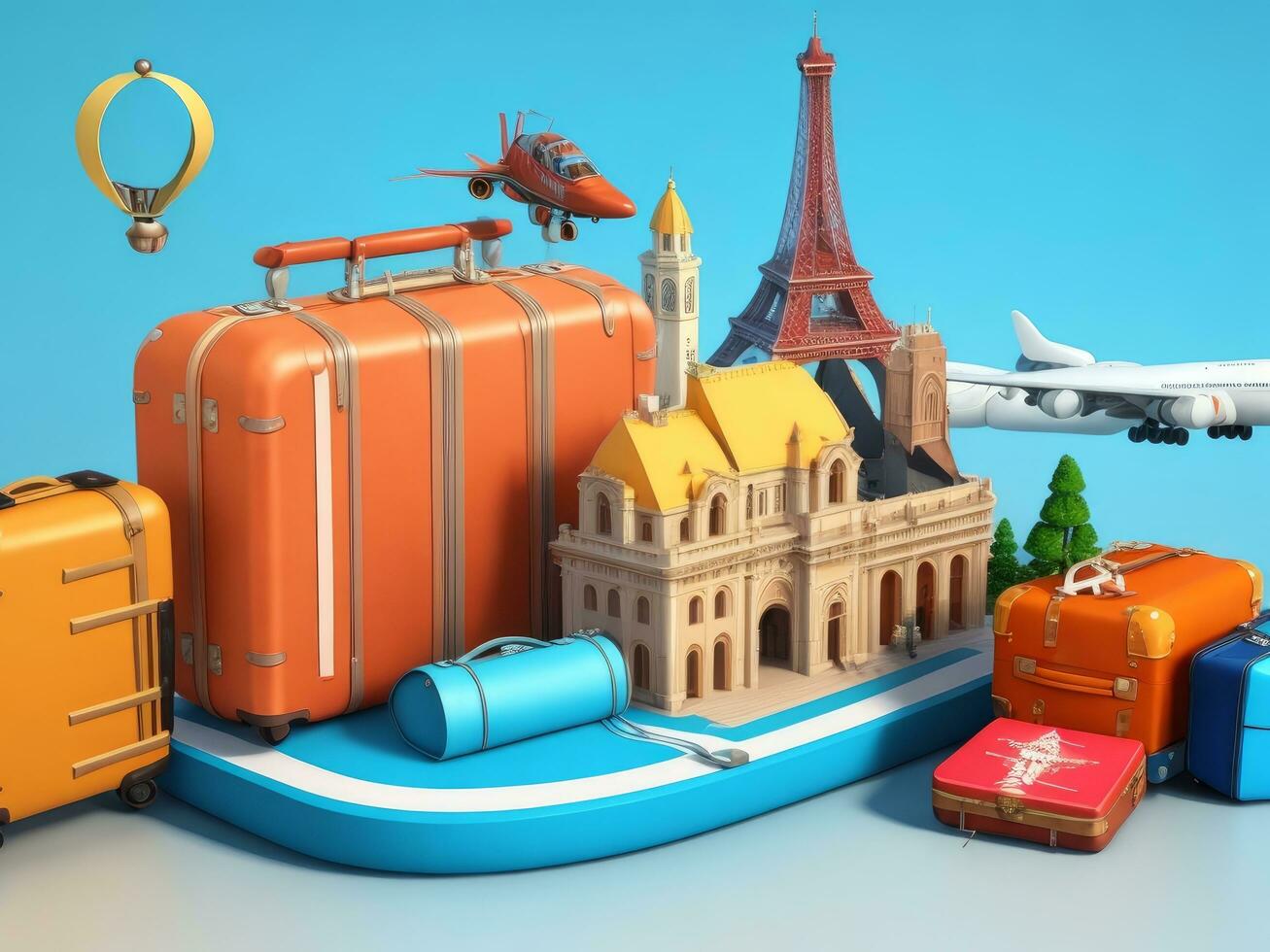 suitcase full of landmarks and travel accessory on 3D Rendering, 3D Illustration. ai generated photo
