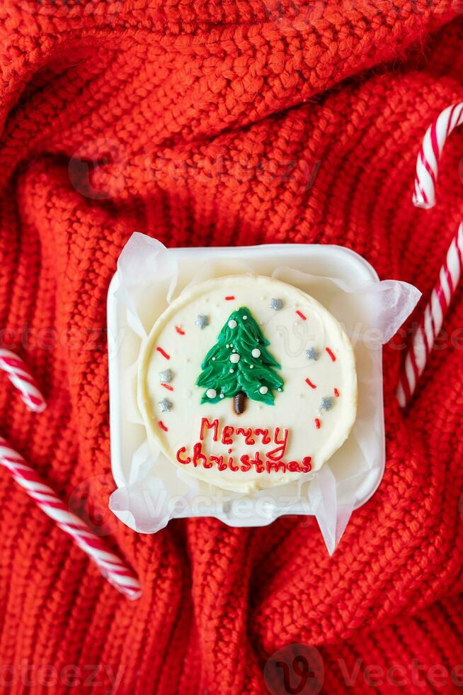 A small cake with the words Merry Christmas and a drawing of a Christmas tree lies on a red blanket along with candy canes. View from above. photo