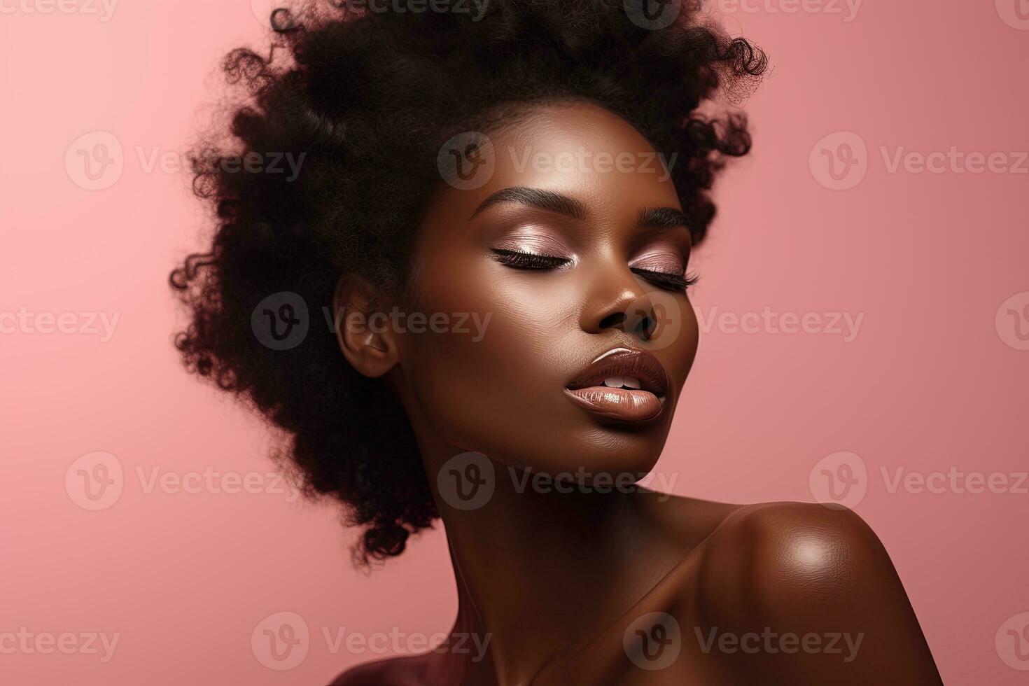 hermosa africano americano mujer con Perfecto piel en rosado antecedentes ai generado foto