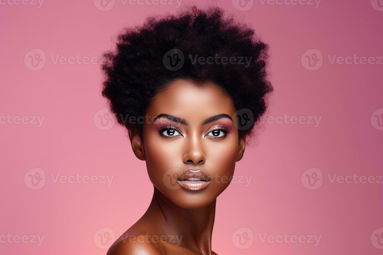 hermosa africano americano mujer con Perfecto piel en rosado antecedentes ai generado foto