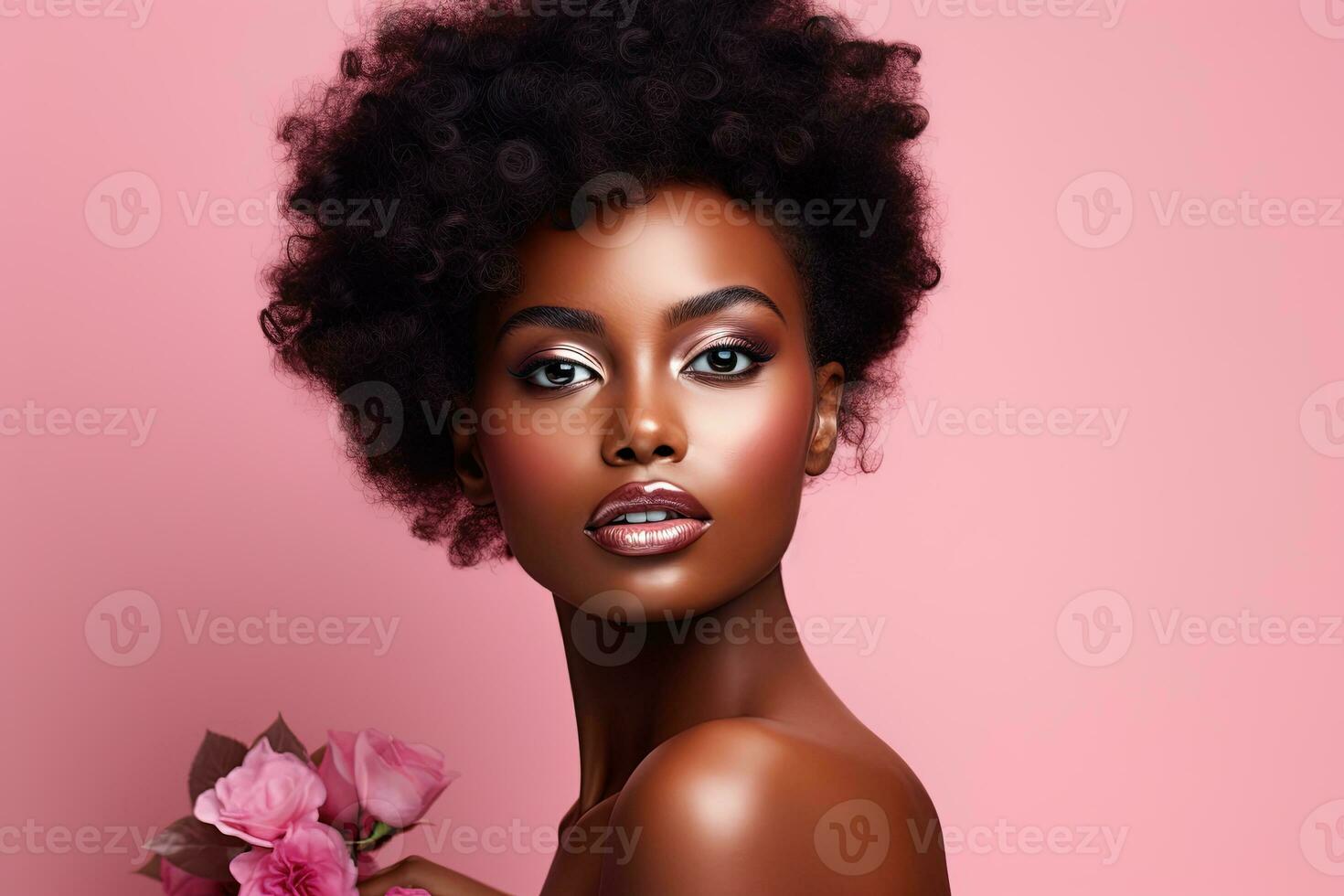 Beautiful african american woman with perfect skin on pink background Ai generated photo