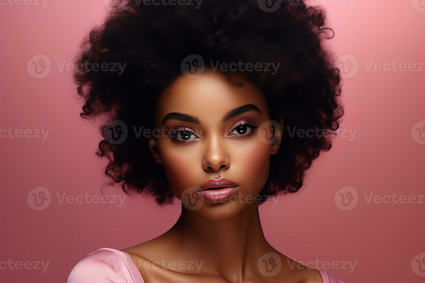 Beautiful african american woman with perfect skin on pink background Ai generated photo