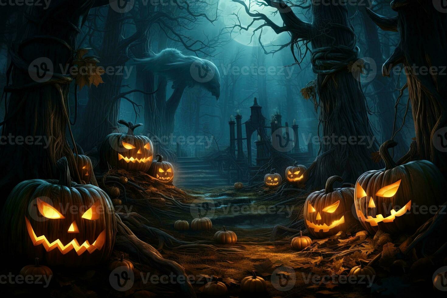 Halloween background with scary pumpkins in dark forest ai generated photo
