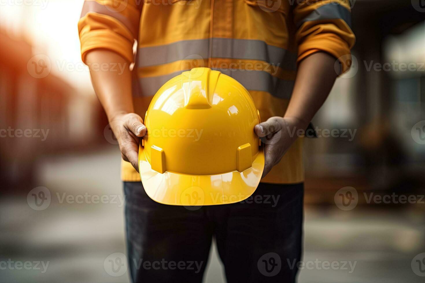 Close-up of a construction worker holding a hard hat in his hands Ai generated photo