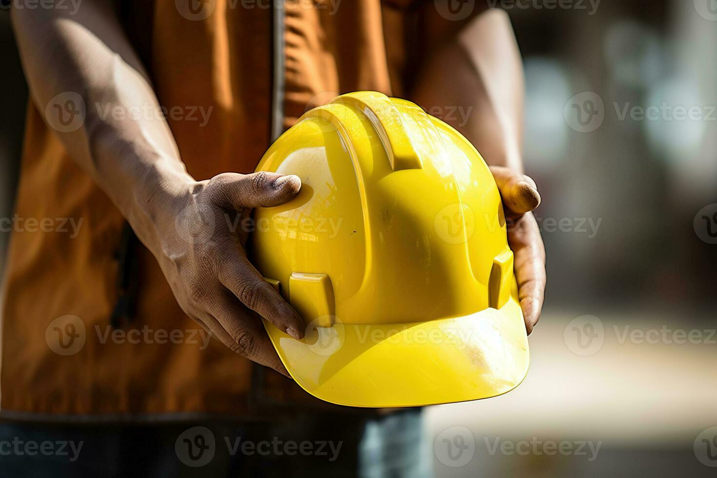 Close-up of a construction worker holding a hard hat in his hands Ai generated photo