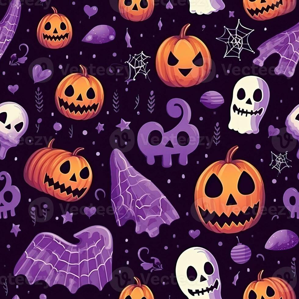 Halloween seamless pattern with pumpkins and skulls Ai generated photo