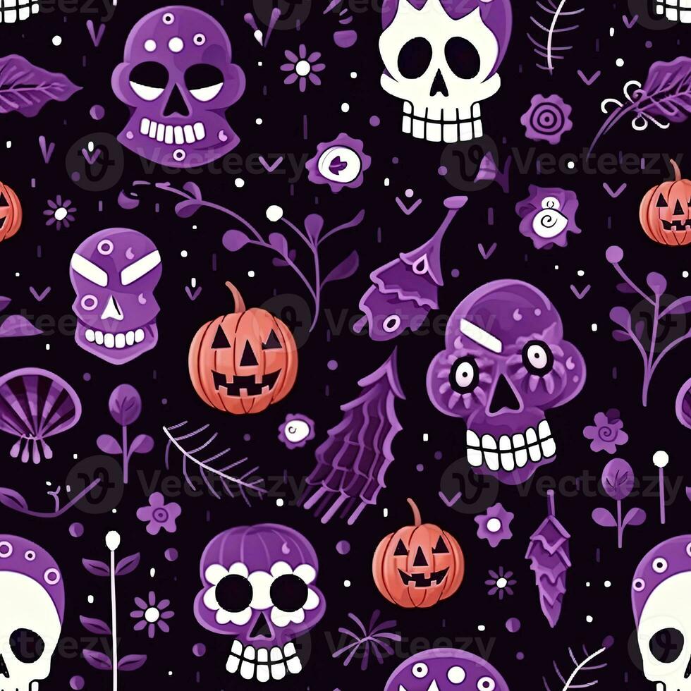 Halloween seamless pattern with pumpkins and skulls Ai generated photo