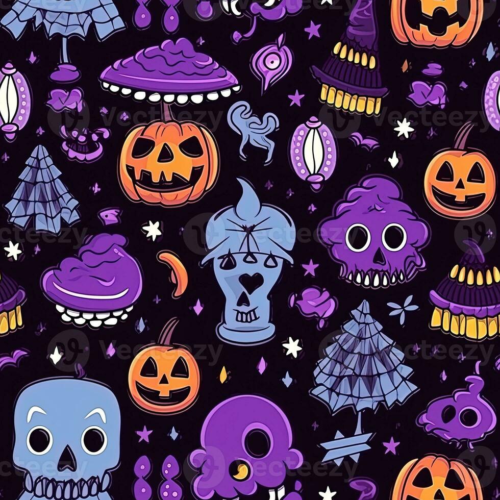 Halloween seamless pattern with pumpkins and skulls Ai generated photo