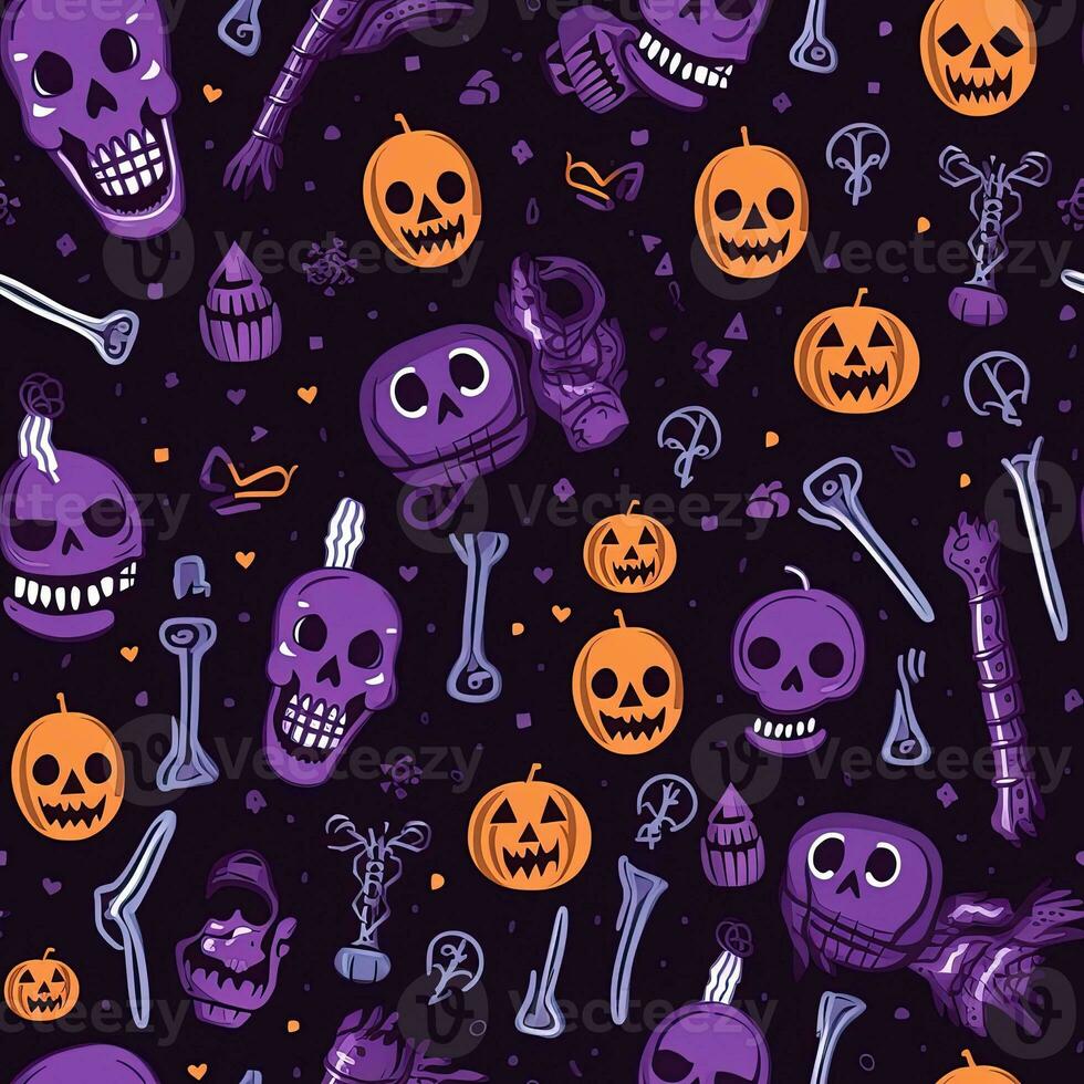 Halloween seamless pattern with pumpkins and skulls Ai generated photo