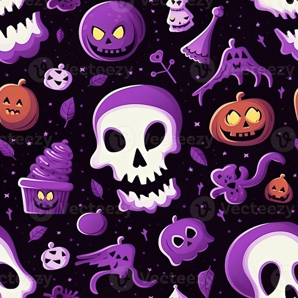 Halloween seamless pattern with pumpkins and skulls Ai generated photo