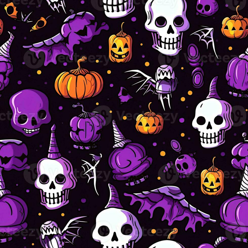 Halloween seamless pattern with pumpkins and skulls Ai generated photo
