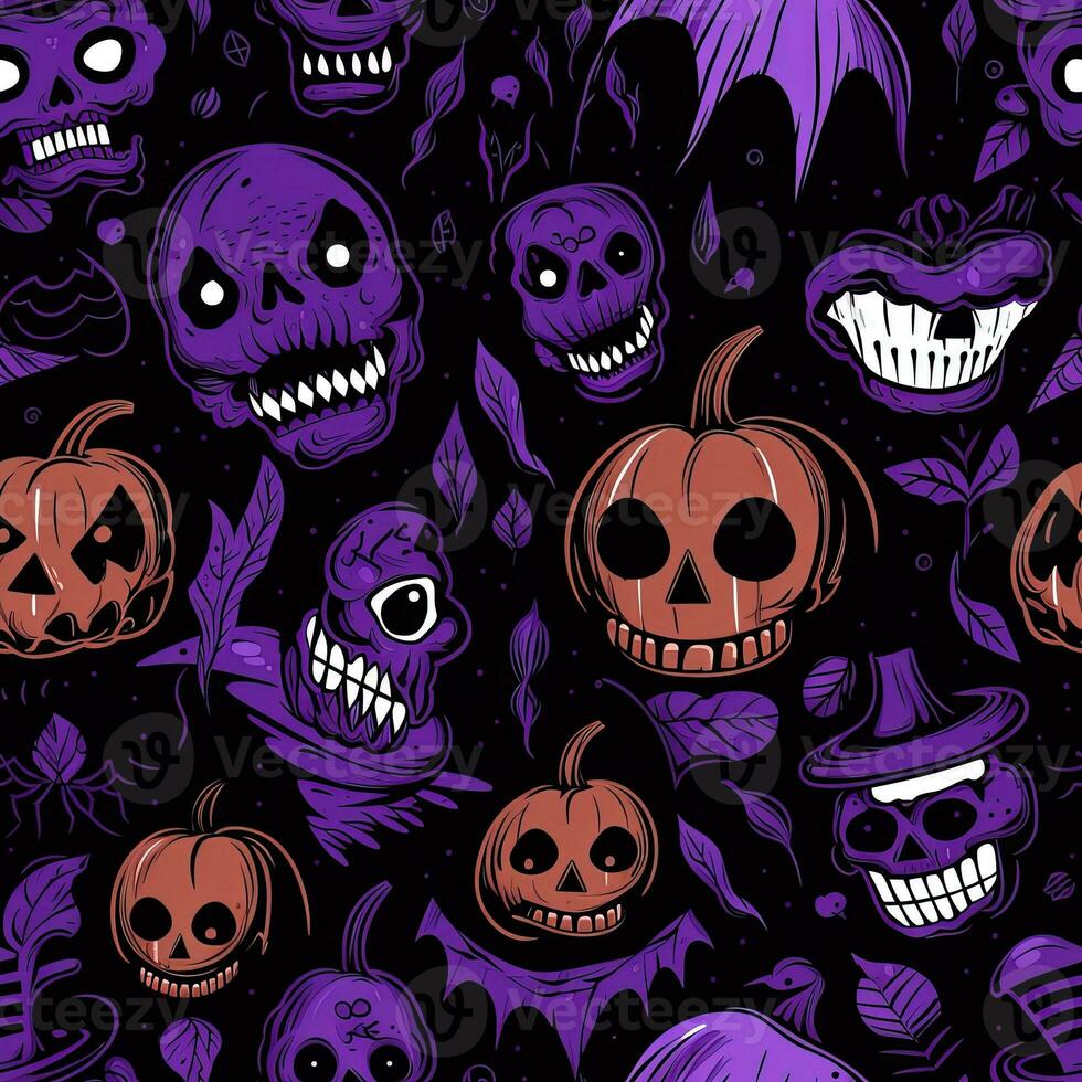 Halloween seamless pattern with pumpkins and skulls Ai generated photo