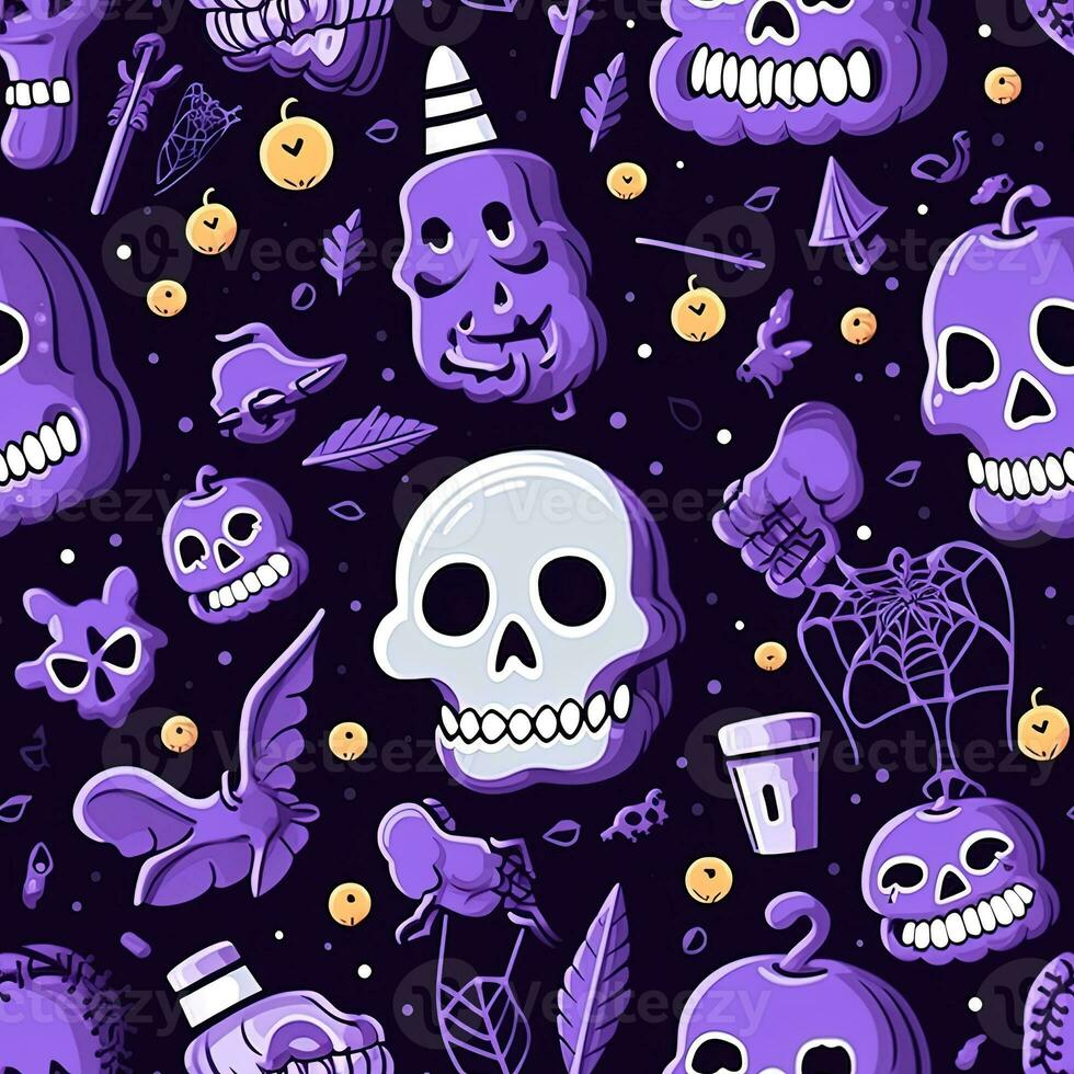 Halloween seamless pattern with pumpkins and skulls Ai generated photo