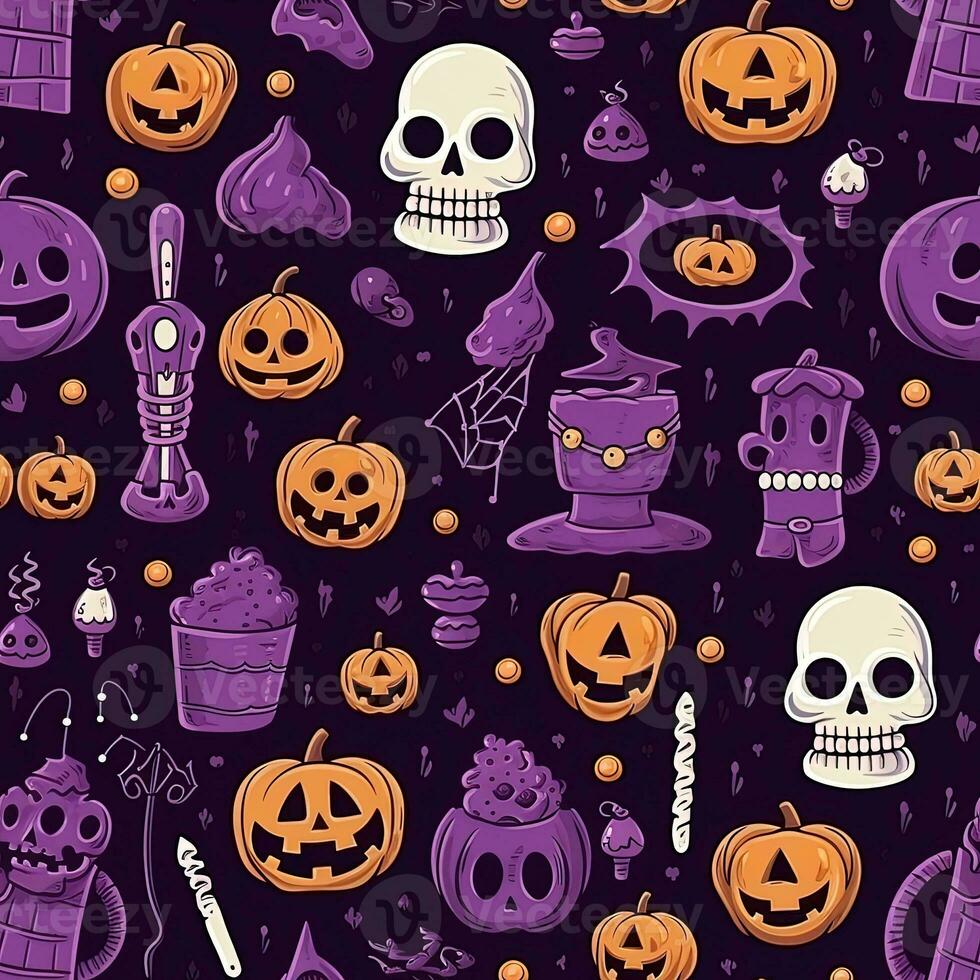 Halloween seamless pattern with pumpkins and skulls Ai generated photo