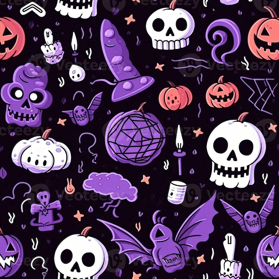 Halloween seamless pattern with pumpkins and skulls Ai generated photo