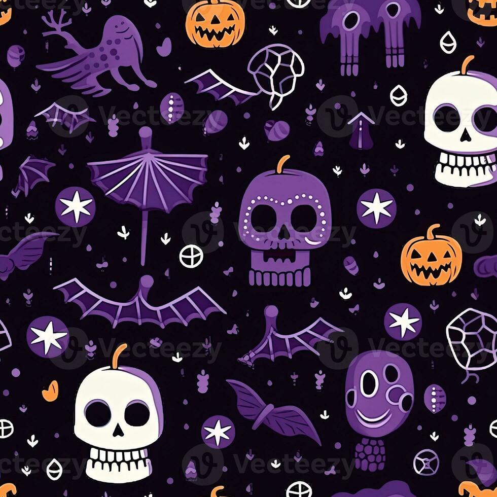 Halloween seamless pattern with pumpkins and skulls Ai generated photo