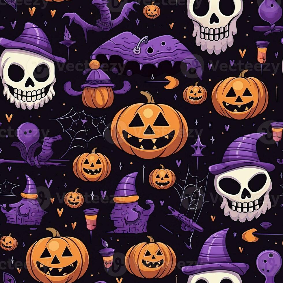 Halloween seamless pattern with pumpkins and skulls Ai generated photo