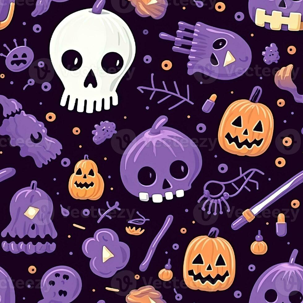 Halloween seamless pattern with pumpkins and skulls Ai generated photo