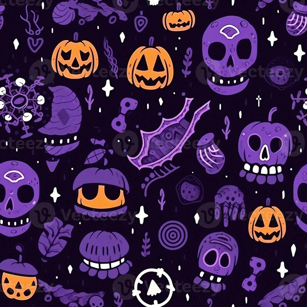 Halloween seamless pattern with pumpkins and skulls Ai generated photo