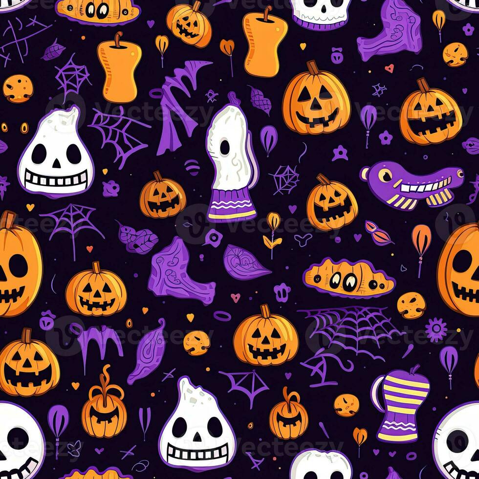 Halloween seamless pattern with pumpkins and skulls Ai generated photo