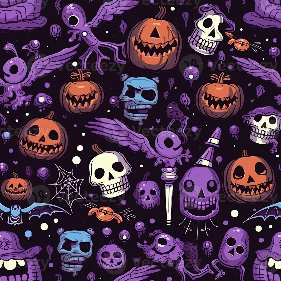 Halloween seamless pattern with pumpkins and skulls Ai generated photo