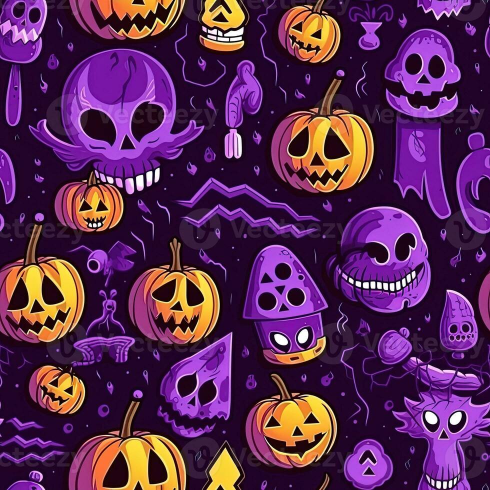 Halloween seamless pattern with pumpkins and skulls Ai generated photo