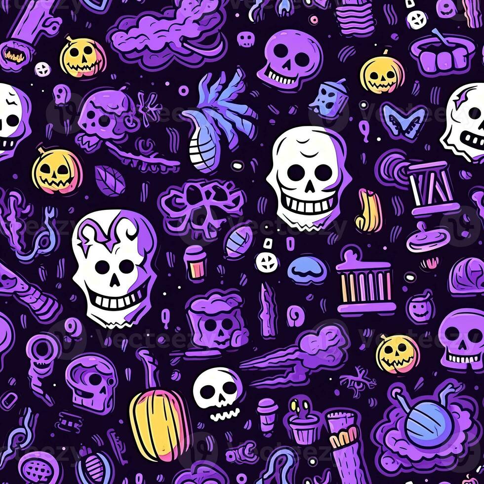 Halloween seamless pattern with pumpkins and skulls Ai generated photo