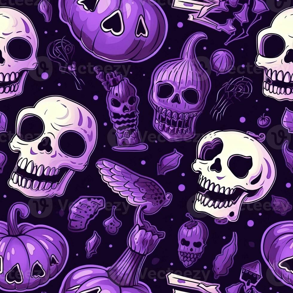 Halloween seamless pattern with pumpkins and skulls Ai generated photo