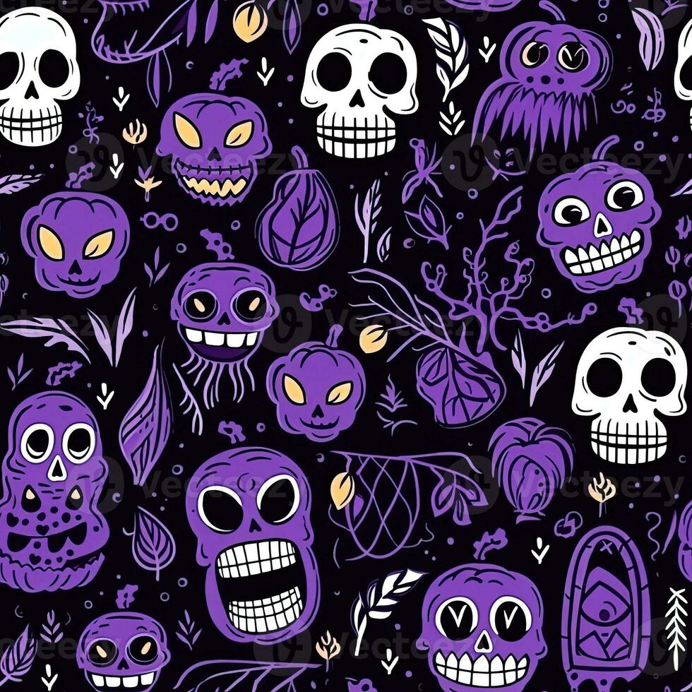 Halloween seamless pattern with pumpkins and skulls Ai generated photo