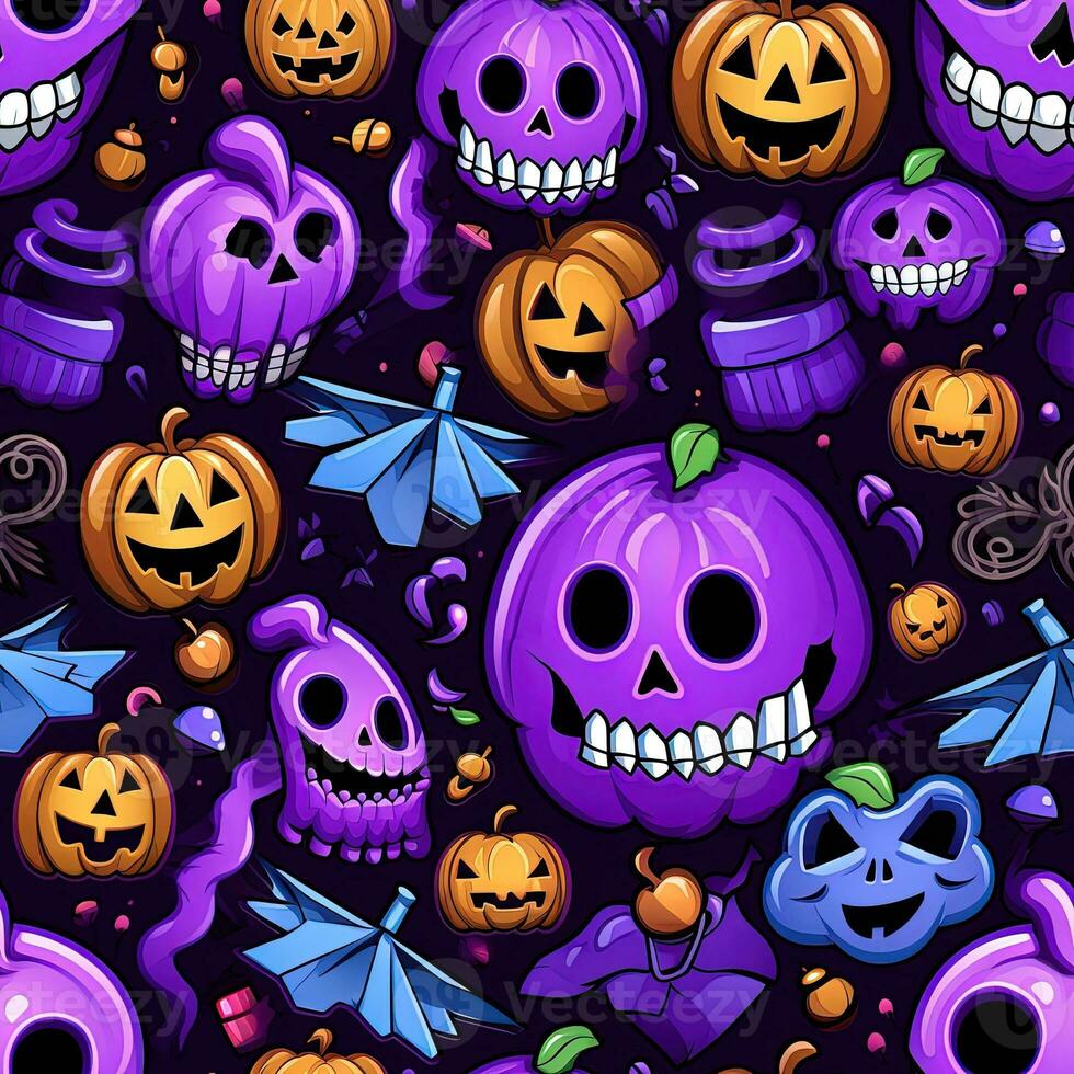 Halloween seamless pattern with pumpkins and skulls Ai generated photo