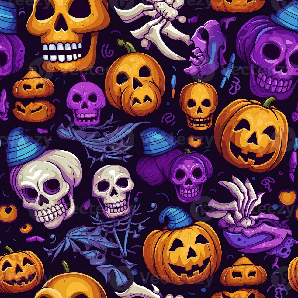 Halloween seamless pattern with pumpkins and skulls Ai generated photo