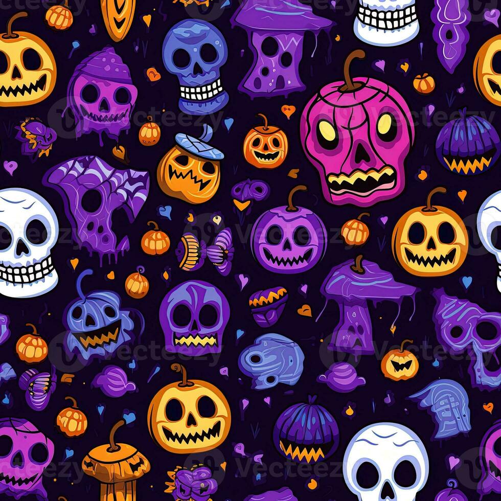 Halloween seamless pattern with pumpkins and skulls Ai generated photo