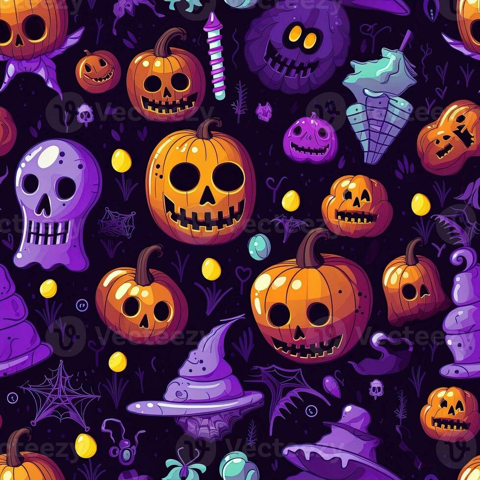 Halloween seamless pattern with pumpkins and skulls Ai generated photo