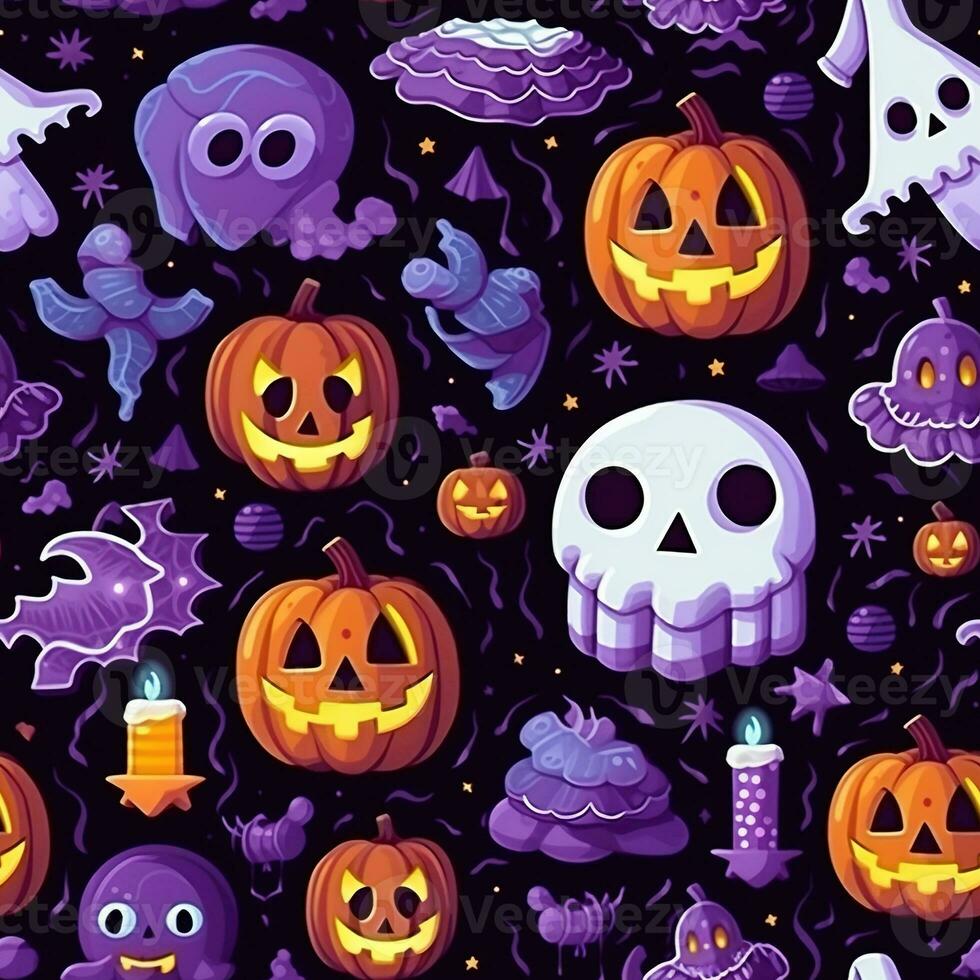 Halloween seamless pattern with pumpkins and skulls Ai generated photo