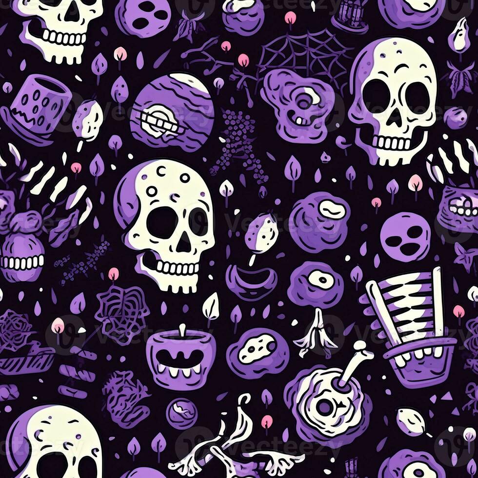 Halloween seamless pattern with pumpkins and skulls Ai generated photo