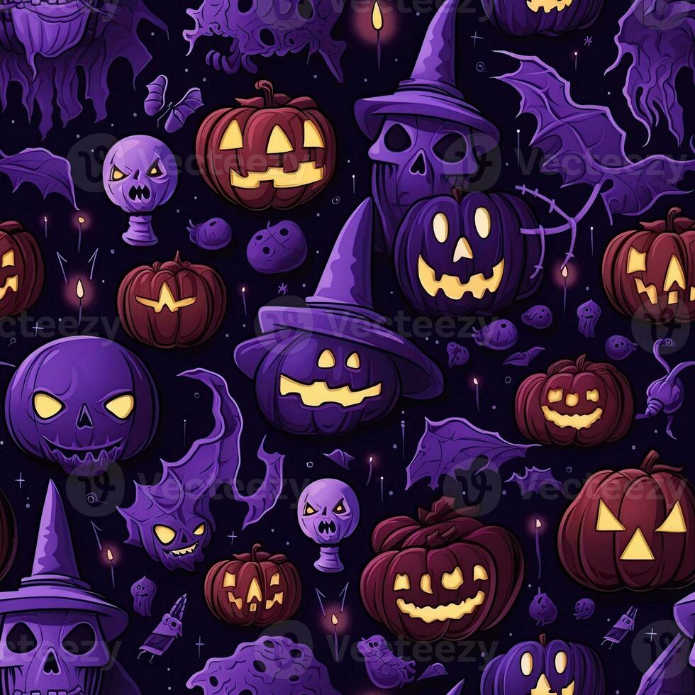Halloween seamless pattern with pumpkins and skulls Ai generated photo