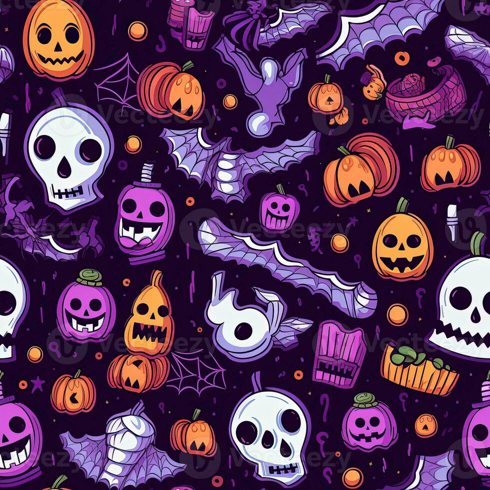 Halloween seamless pattern with pumpkins and skulls Ai generated photo