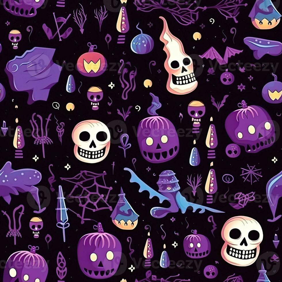 Halloween seamless pattern with pumpkins and skulls Ai generated photo